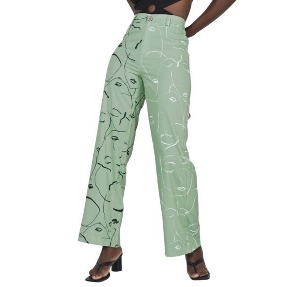 NWT Princess Polly Face It Pants Green Line Art Face Print Wide Leg Pants Size 8